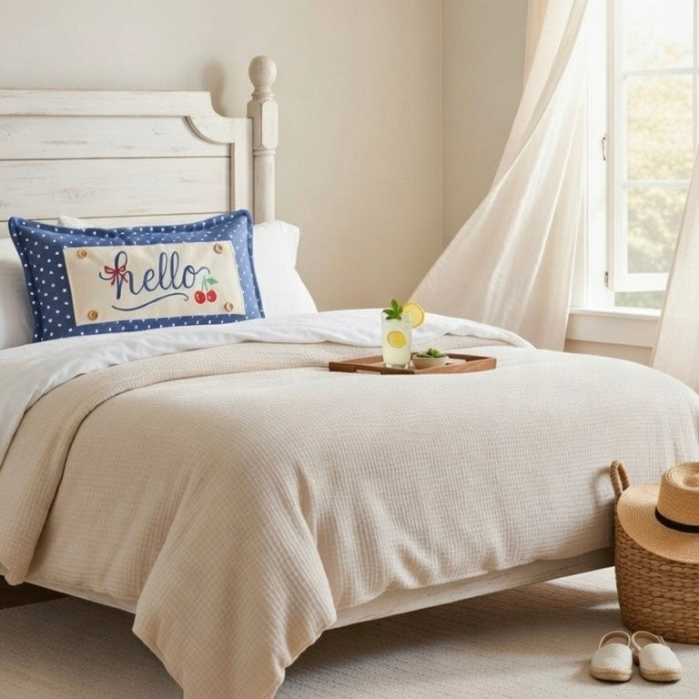 PILLOW ONLY RECTANGLE denim country blue with white polka dots: BLUE POLKA-DOT PILLOW (with fluffy insert)