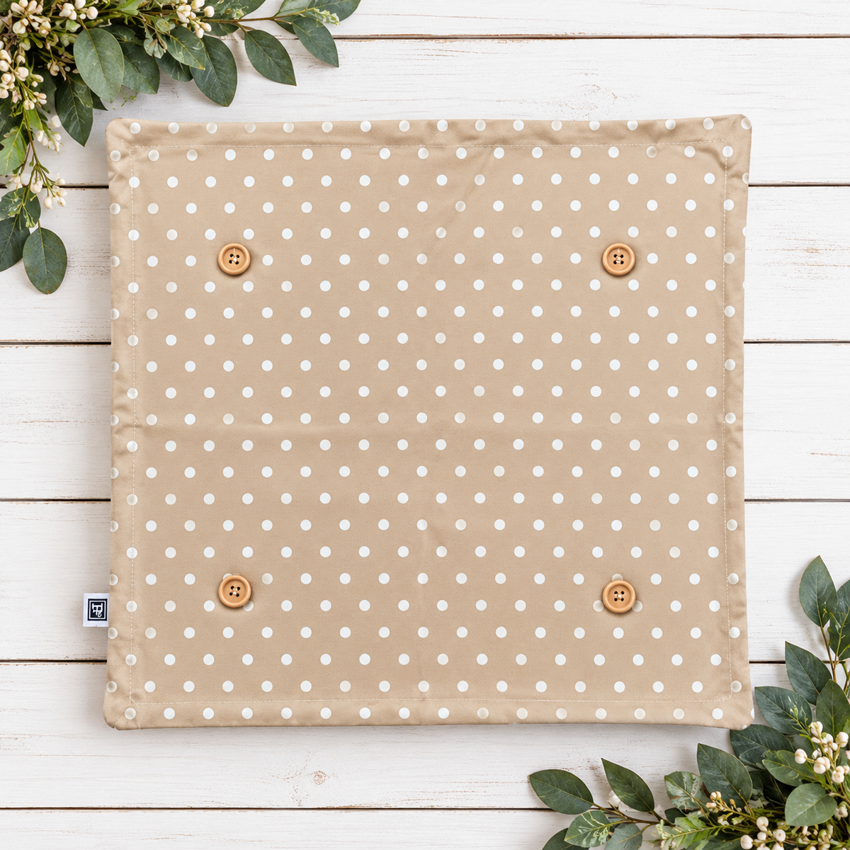 COVER ONLY: SQUARE Tan and white spots polka dot Pillow; WHITE/TAN POLKA-DOT PILLOW COVER ONLY (no insert)