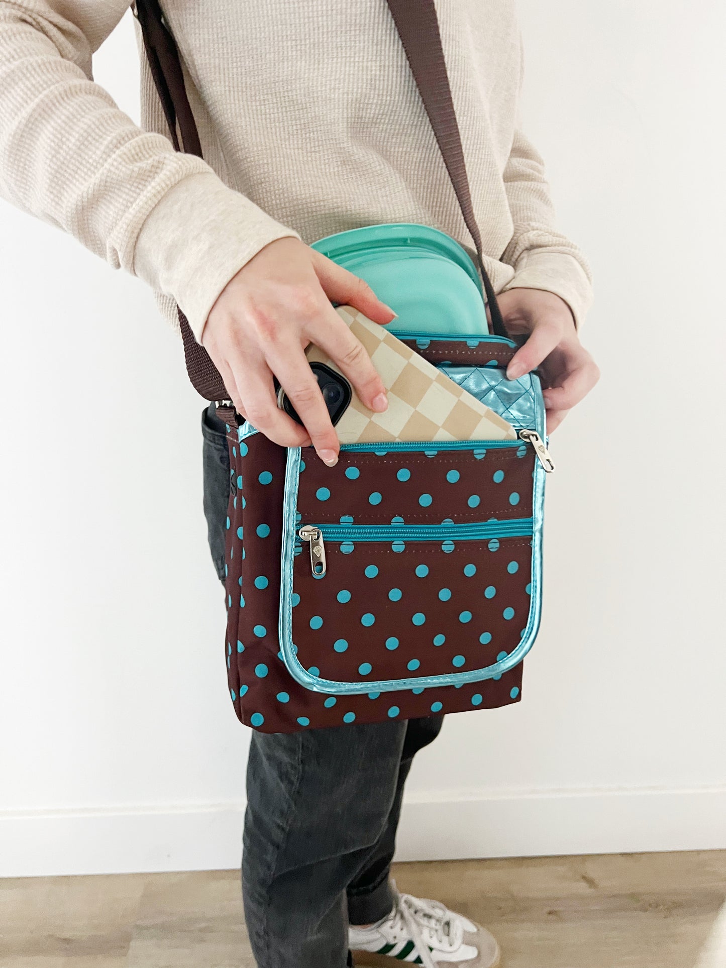 Gift for: Teen/College/Mom /Working Gal:  Briwn and Teal Turquoise Polka Dot Messanger bag purse