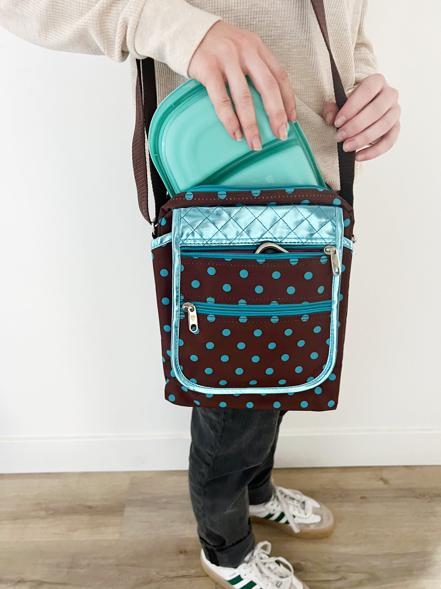 Gift for: Teen/College/Mom /Working Gal:  Briwn and Teal Turquoise Polka Dot Messanger bag purse