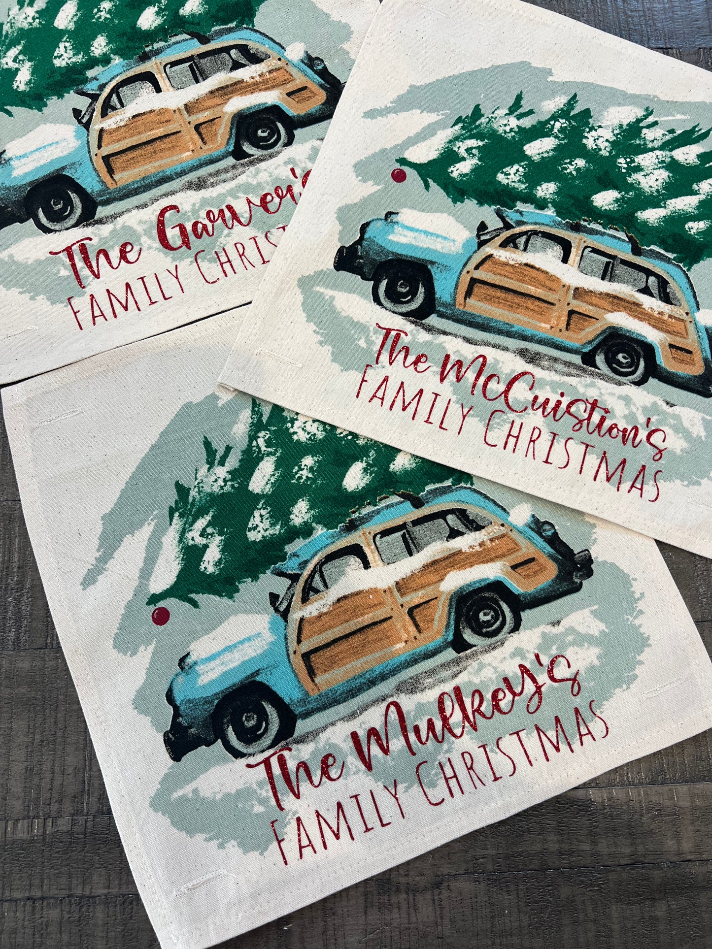 GLITTER CUSTOM PANEL ONLY: SQUARE Christmas Griswald Family Tradition Tree Cutting Snow Scene Winter Wonderland Vintage CUSTOM CHRISTMAS STATION WAGON