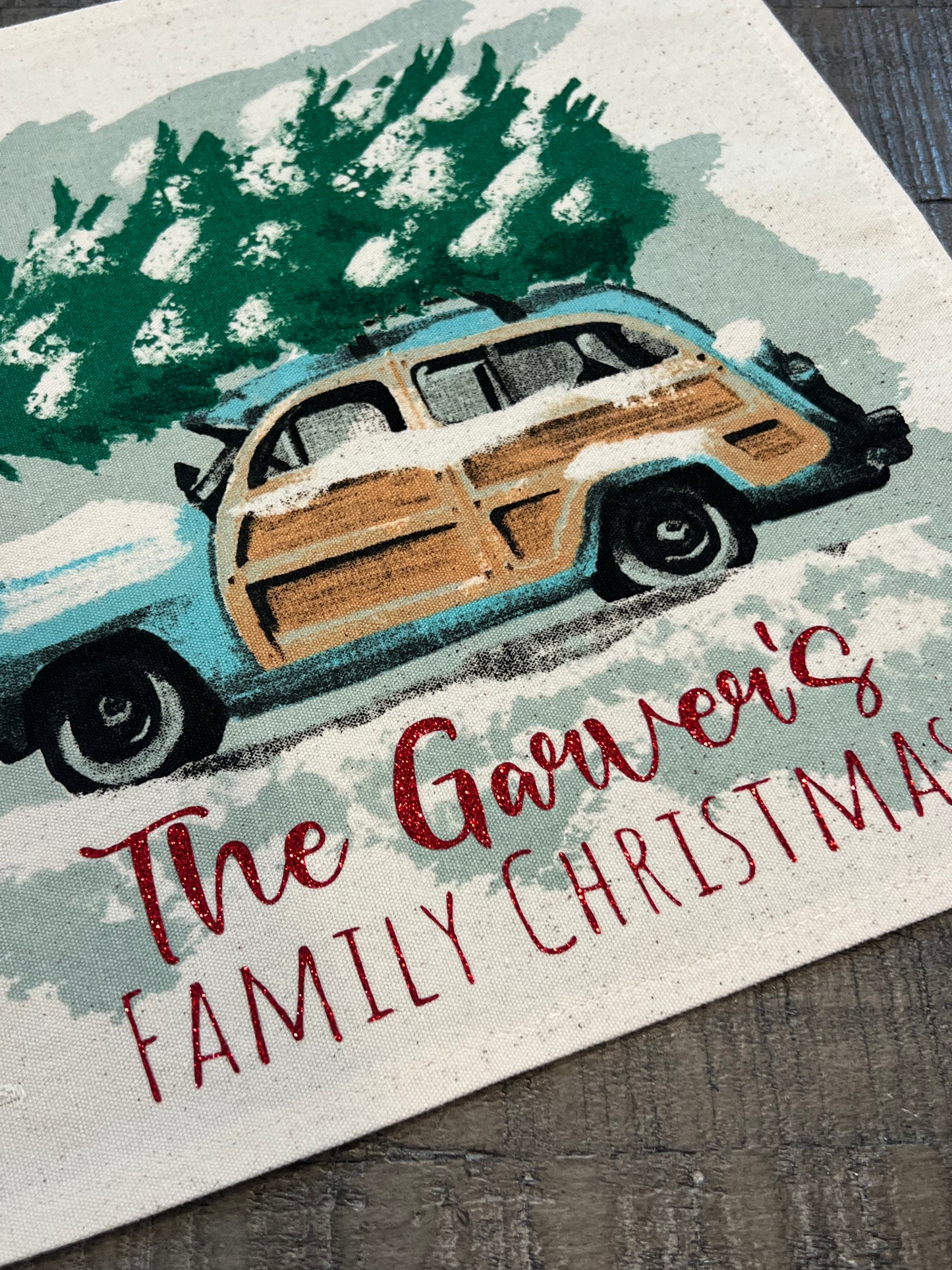 GLITTER CUSTOM PANEL ONLY: SQUARE Christmas Griswald Family Tradition Tree Cutting Snow Scene Winter Wonderland Vintage CUSTOM CHRISTMAS STATION WAGON