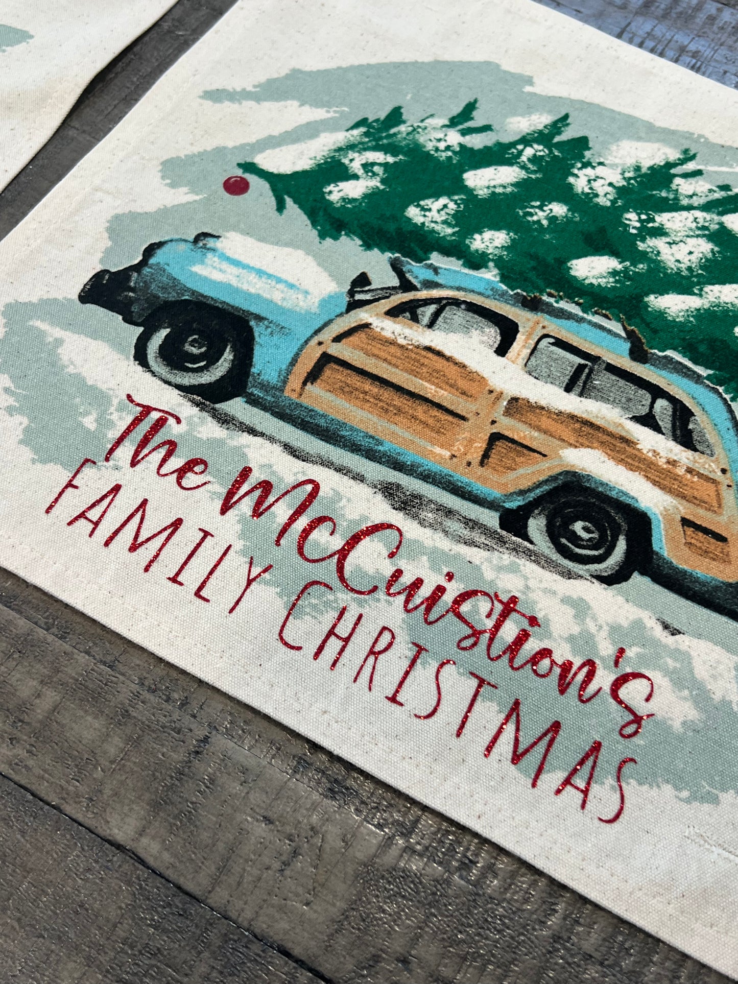GLITTER CUSTOM PANEL ONLY: SQUARE Christmas Griswald Family Tradition Tree Cutting Snow Scene Winter Wonderland Vintage CUSTOM CHRISTMAS STATION WAGON