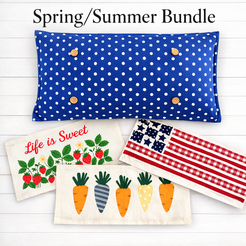 NEW! SPRING/SUMMER BUNDLE:  3 seasons +BLUE POLKA DOT pillow:  STRAWBERRY PATCH CARROT PATCH, BARN QUILT FLAG