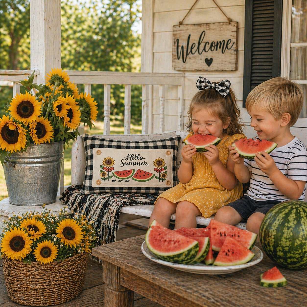 PANEL ONLY with Summer Snack Ideas:  RECTANGLE Hello Summer; Red Gingham Picnic Table WATERMELONS AND SUNFLOWERS with BOWS