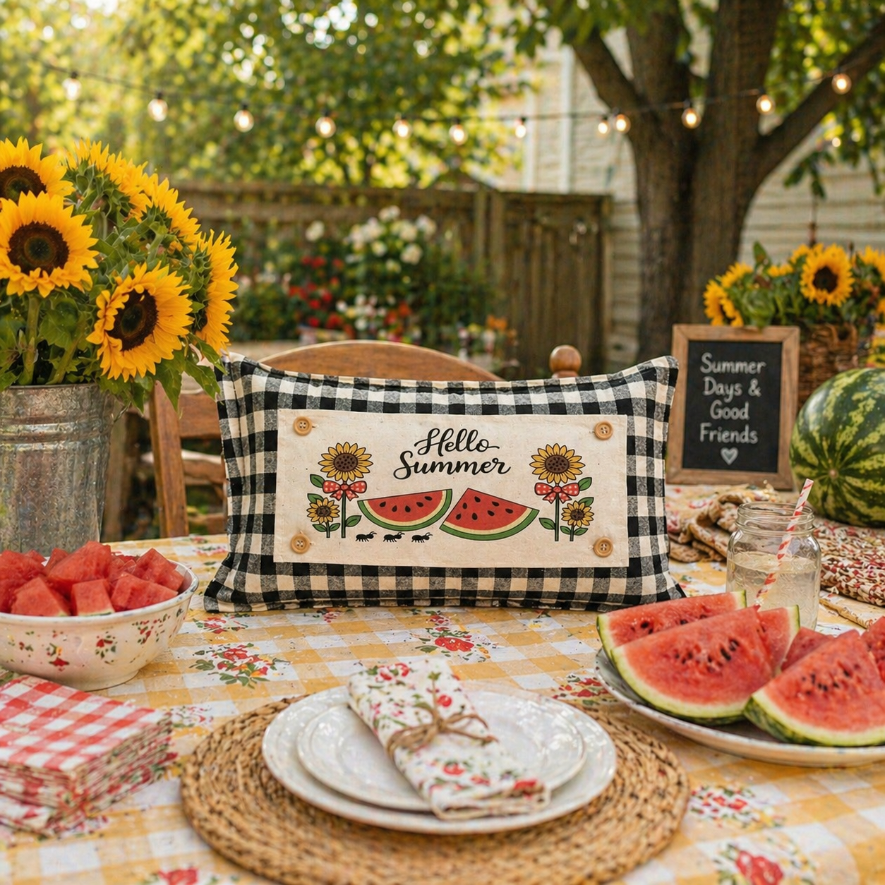 PANEL ONLY with Summer Snack Ideas:  RECTANGLE Hello Summer; Red Gingham Picnic Table WATERMELONS AND SUNFLOWERS with BOWS