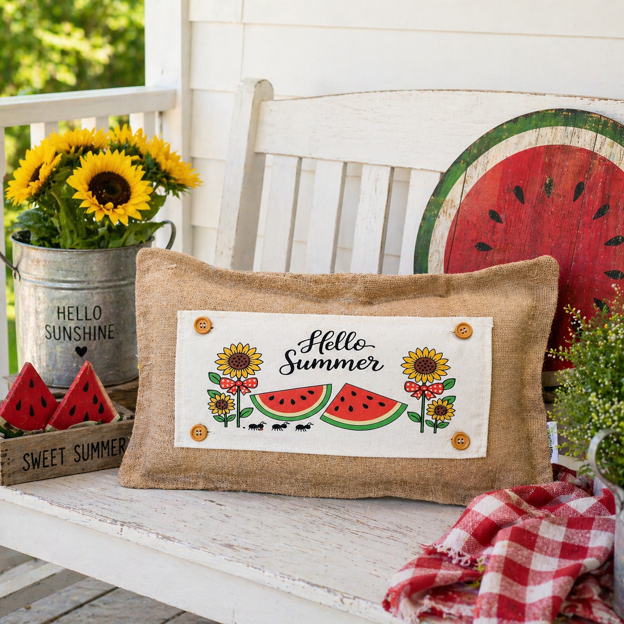 PANEL ONLY with Summer Snack Ideas:  RECTANGLE Hello Summer; Red Gingham Picnic Table WATERMELONS AND SUNFLOWERS with BOWS