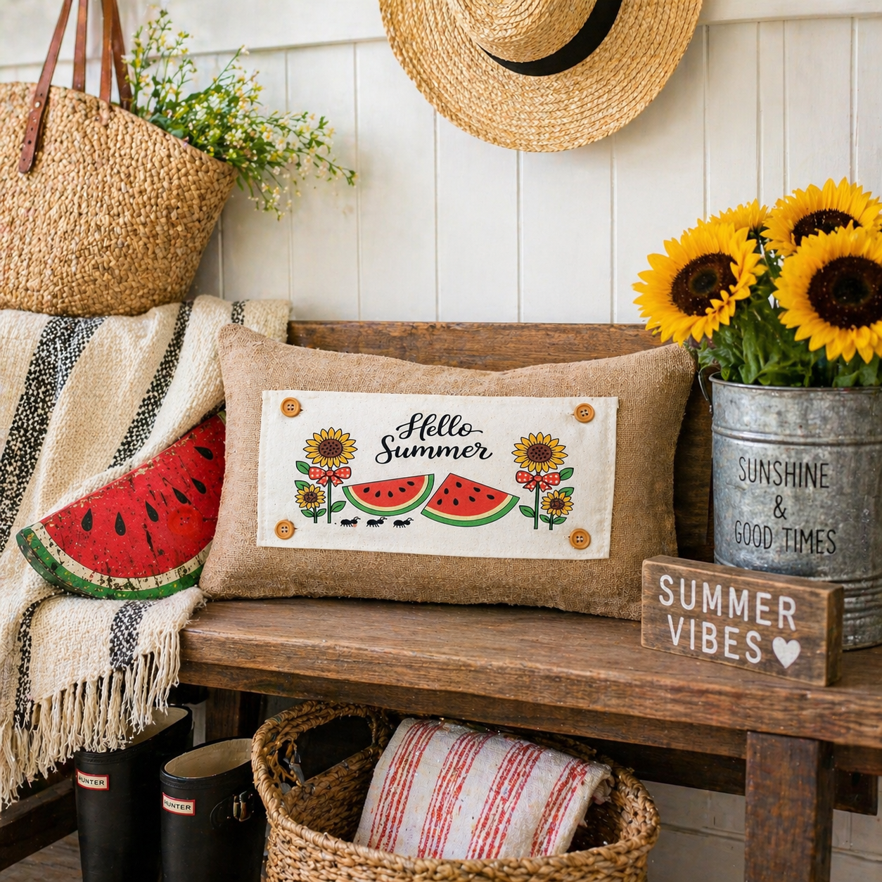 PANEL ONLY with Summer Snack Ideas:  RECTANGLE Hello Summer; Red Gingham Picnic Table WATERMELONS AND SUNFLOWERS with BOWS