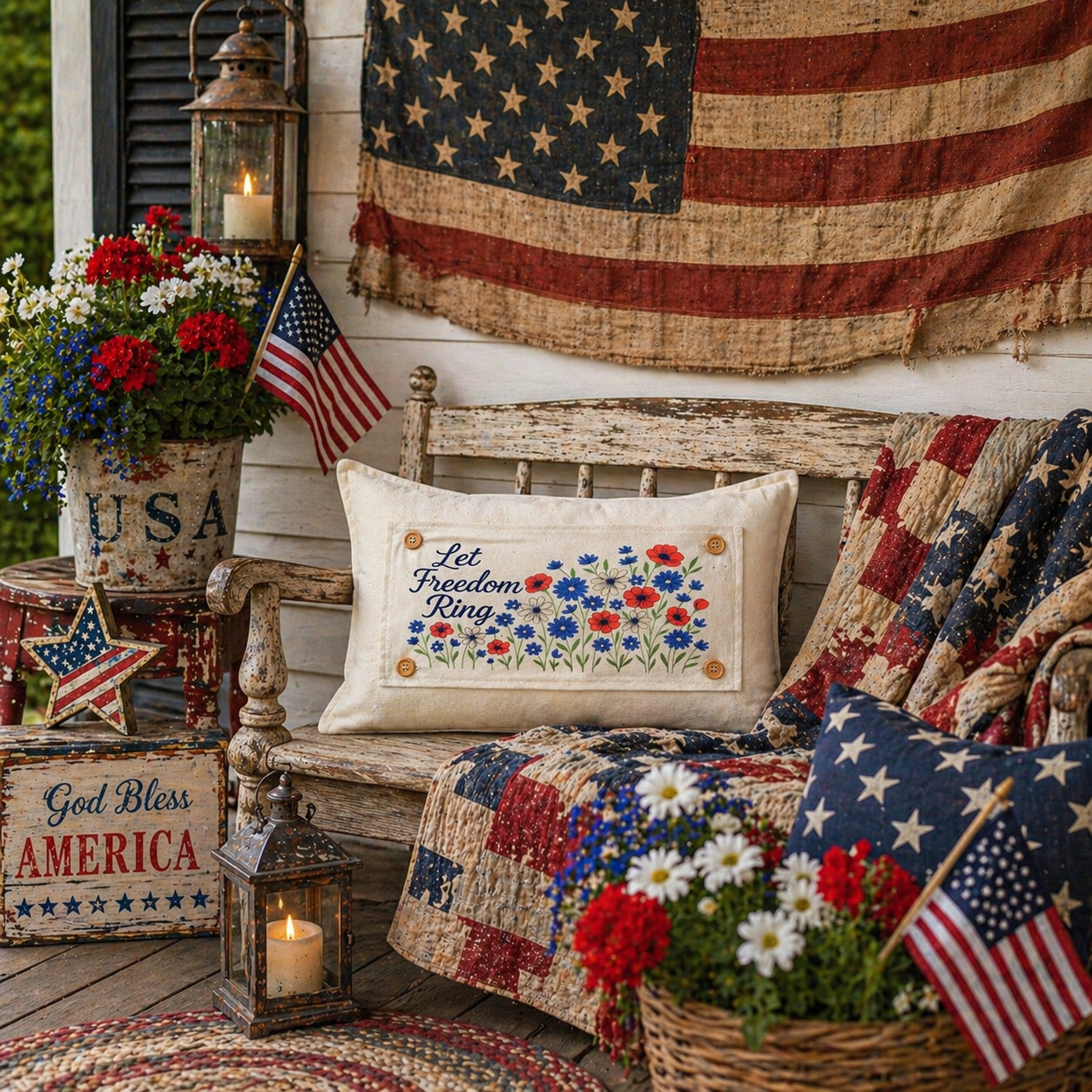 Holiday Panel: Summer; 4th of July Flower Field Patriotic Poppy Red, White, Blue American LET FREEOM RING FLORAL