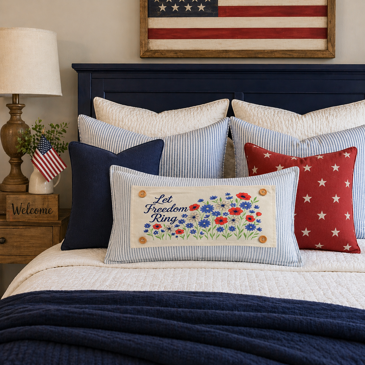 Holiday Panel: Summer; 4th of July Flower Field Patriotic Poppy Red, White, Blue American LET FREEOM RING FLORAL