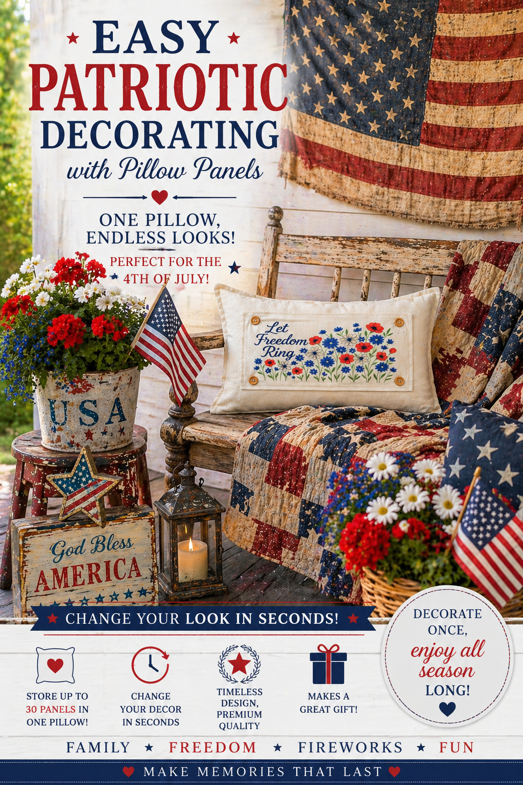 Holiday Panel: Summer; 4th of July Flower Field Patriotic Poppy Red, White, Blue American LET FREEOM RING FLORAL