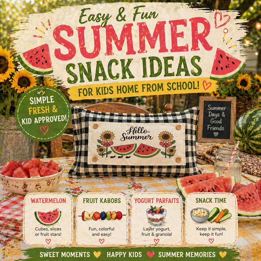 PANEL ONLY with Summer Snack Ideas:  RECTANGLE Hello Summer; Red Gingham Picnic Table WATERMELONS AND SUNFLOWERS with BOWS