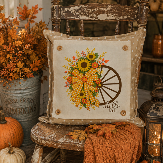 NEW!  PANEL ONLY: SQUARE Fall, Autumn  Fall Leaf Leaves Gingham Bow fall flowers wheat swag WAGON WHEEL
