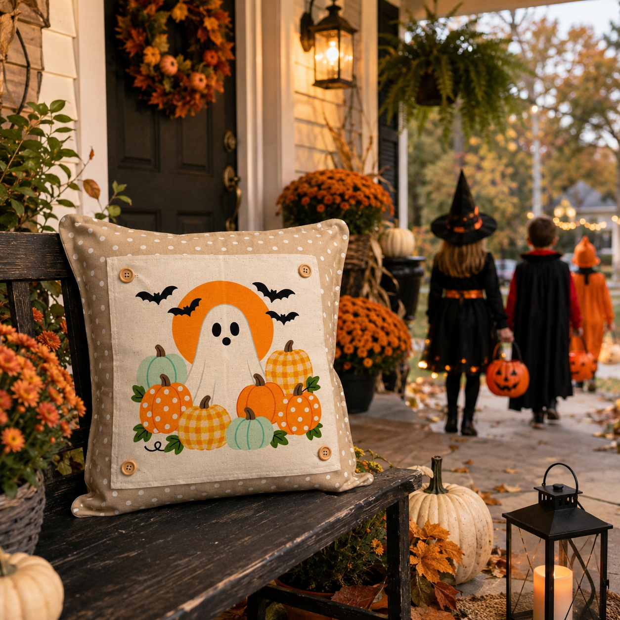 PANEL ONLY: SQUARE Holiday Panel: Fall, Autumn Halloween October GHOST COSTUME in PUMPKIN PATCH