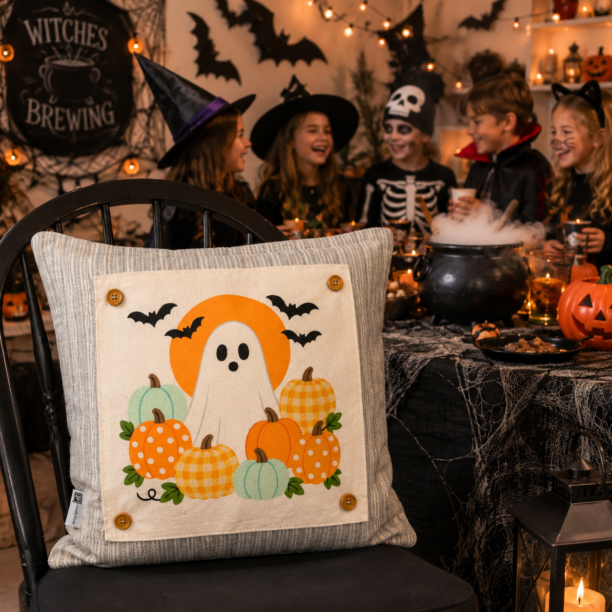 PANEL ONLY: SQUARE Holiday Panel: Fall, Autumn Halloween October GHOST COSTUME in PUMPKIN PATCH