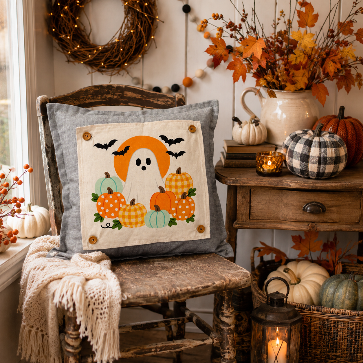 PANEL ONLY: SQUARE Holiday Panel: Fall, Autumn Halloween October GHOST COSTUME in PUMPKIN PATCH