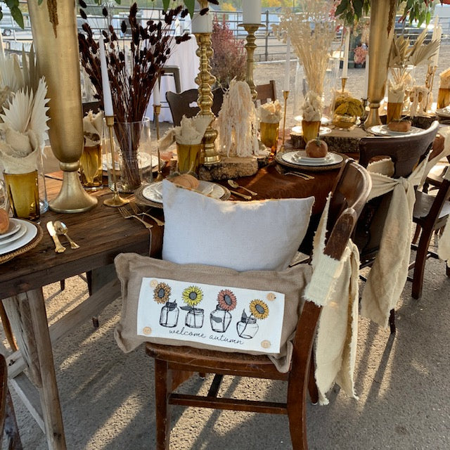 2 PILLOWS 2 PANELS BUNDLE: Fall Pillows & Panels Bundle. SQUARE TICKING STRIPED PILLOW, ACORN BRANCH, SUNFLOWERS, BURLAP PILLOW
