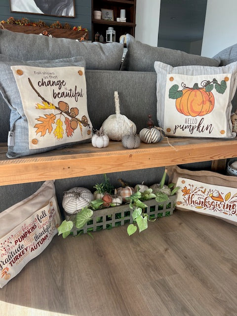 2 PILLOWS 2 PANELS BUNDLE: Fall Pillows & Panels Bundle. SQUARE TICKING STRIPED PILLOW, ACORN BRANCH, SUNFLOWERS, BURLAP PILLOW