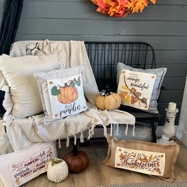 NEW! BUNDLE SET: Buffalo Check Gingham Pillow (comes w/ foam insert & these 3 panels in back pocket)  SMELL MY FEET, PUMPKIN PIE, CHRISTMAS TRUCK