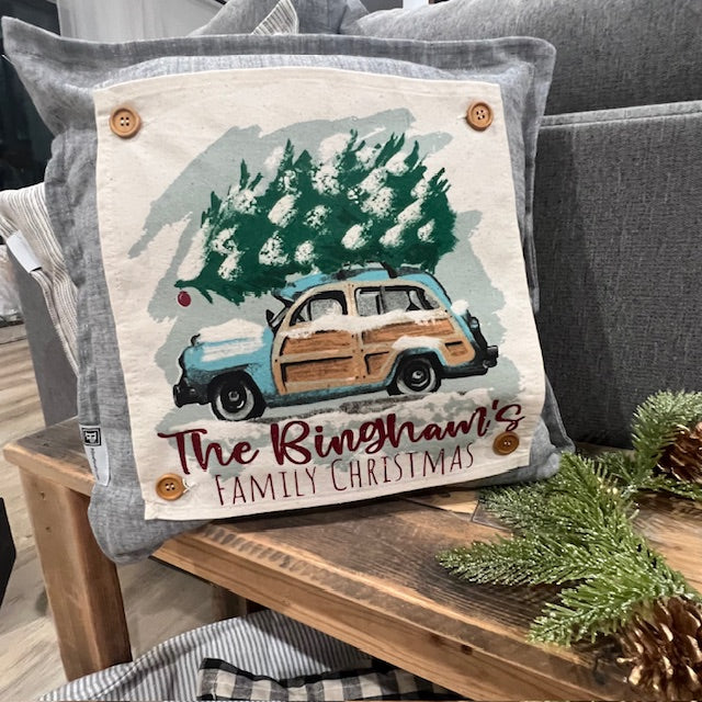 GIFT GUIDE:  FOR THE TRADITIONAL CHRISTMAS MOVIE LOVERS!   SQUARE GIFT SET of 2: Personalized Glitter Christmas Tree Station Wagon AND a Pillow of your choice!