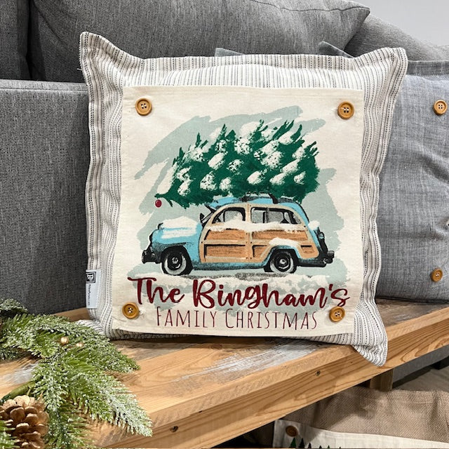 GIFT GUIDE:  FOR THE TRADITIONAL CHRISTMAS MOVIE LOVERS!   SQUARE GIFT SET of 2: Personalized Glitter Christmas Tree Station Wagon AND a Pillow of your choice!