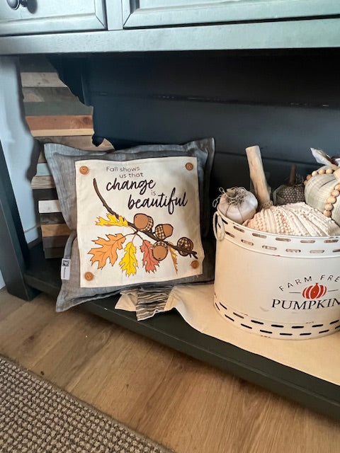 2 PILLOWS 2 PANELS BUNDLE: Fall Pillows & Panels Bundle. SQUARE TICKING STRIPED PILLOW, ACORN BRANCH, SUNFLOWERS, BURLAP PILLOW