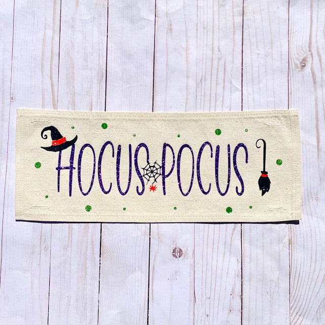 GLITTER PANEL ONLY: RECTANGLE Fall Autumn, witches broom, spiderweb, witches hat; GLITTER HOCUS POCUS