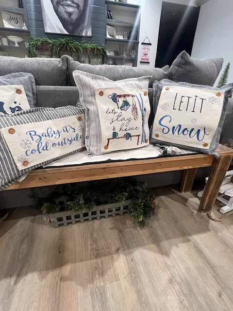 SQUARE BUNDLE SET: TICKING STRIPES PILLOW (comes with foam insert and these 4 panels in back pocket); Winter Spring Summer Fall Autumn: SKI BENCH, HELLO PUMPKIN, LAND THAT I LOVE, SPRING DRIED FLOWERS (Copy)