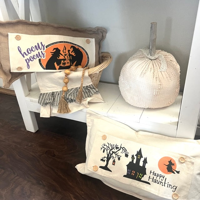 NEW! BUNDLE SET: Burlap Idaho Potato Farm Sack Bag Pillow  (comes with insert and these 3 panels inside back pocket); Winter Spring Summer Fall Autumn: HAUNTED HOUSE, TRACTOR, SLEIGH RIDE