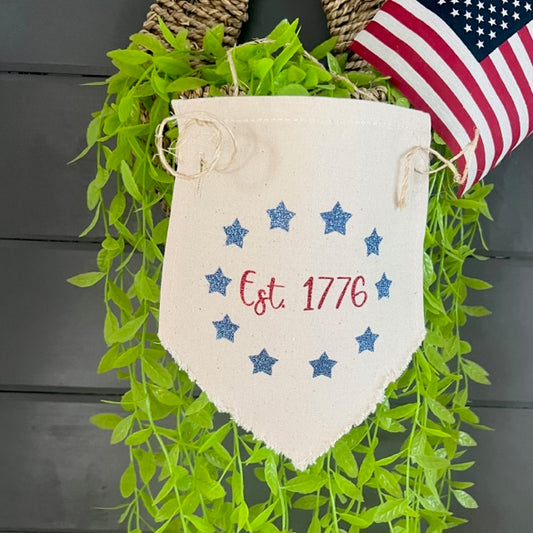 Glitter Holiday Pennant Wreath / Swag Banner: Summer BBQ American America Flag Old Glory Sparkly Fireworks Stars and Stripes 4th of July Firecrackers CIRCLE ESTABLISHED 1776