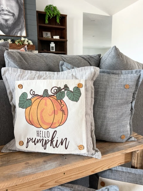 SQUARE BUNDLE SET: TICKING STRIPES PILLOW (comes with foam insert and these 4 panels in back pocket); Winter Spring Summer Fall Autumn: SKI BENCH, HELLO PUMPKIN, LAND THAT I LOVE, SPRING DRIED FLOWERS (Copy)