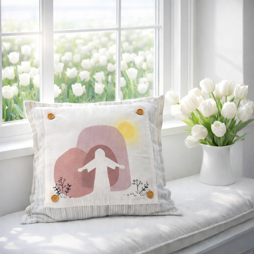 PANEL ONLY: SQUARE Spring, Easter Throw Pillow, Religious, Pastel, Jesus Resurrection CHRIST TOMB