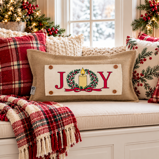 NEW! PANEL ONLY: RECTANGLE Winter; Vintage Christmas, Santa, Pine Wreath, Holly Berries; JOY WREATH