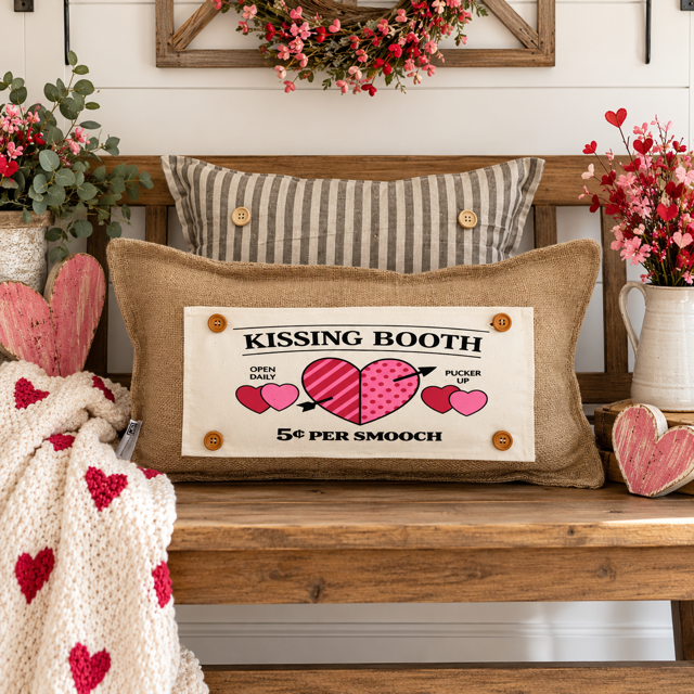 PANEL ONLY:  RECTANGLE Holiday Panel: Valentines, Winter, Love, Hugs, Kisses, Passion, Red, Wife Husband, Boyfriend, Girlfriend, Spouse, Kids, Vintage, Farmhouse, Heart; KISSING BOOTH