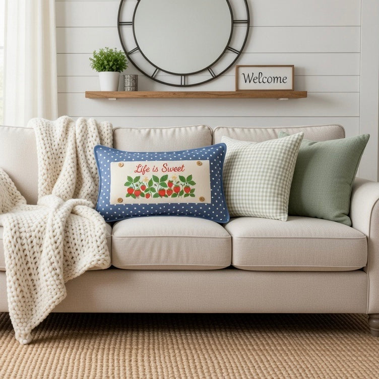 PILLOW ONLY RECTANGLE denim country blue with white polka dots: BLUE POLKA-DOT PILLOW (with fluffy insert)