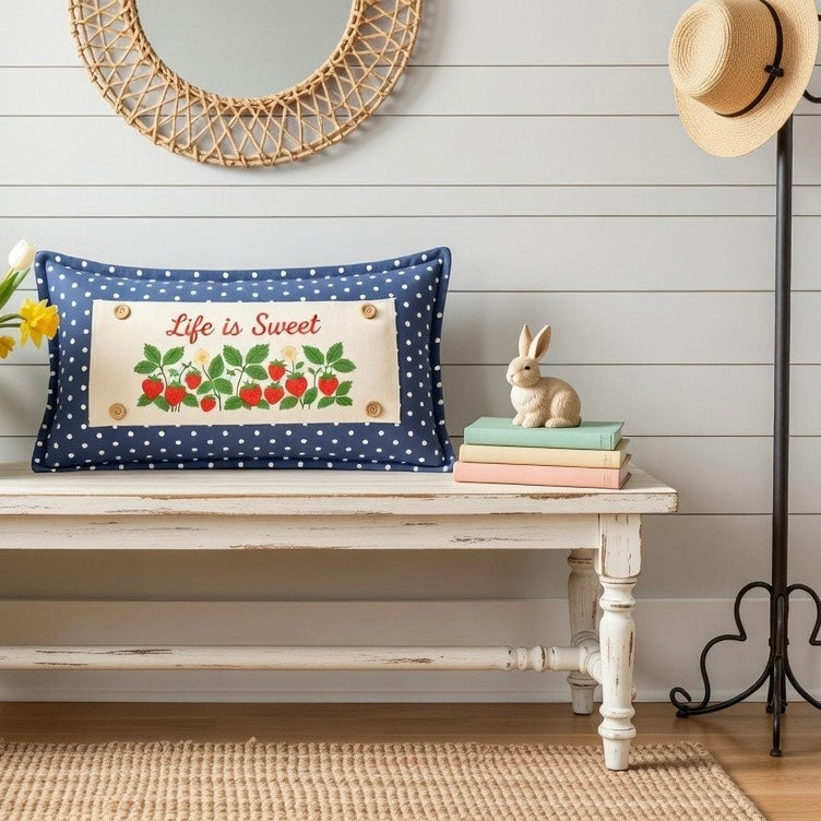 PILLOW ONLY RECTANGLE denim country blue with white polka dots: BLUE POLKA-DOT PILLOW (with fluffy insert)