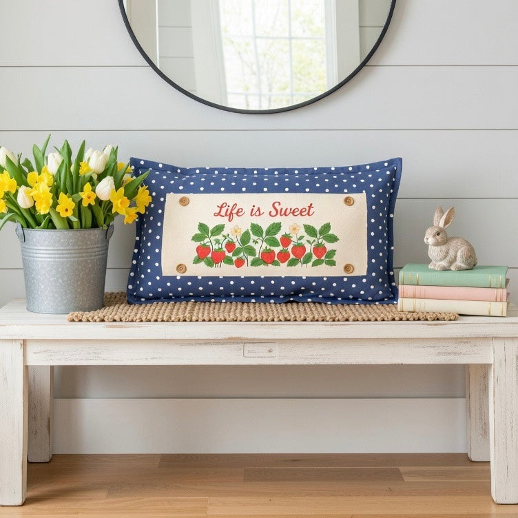 PILLOW ONLY RECTANGLE denim country blue with white polka dots: BLUE POLKA-DOT PILLOW (with fluffy insert)