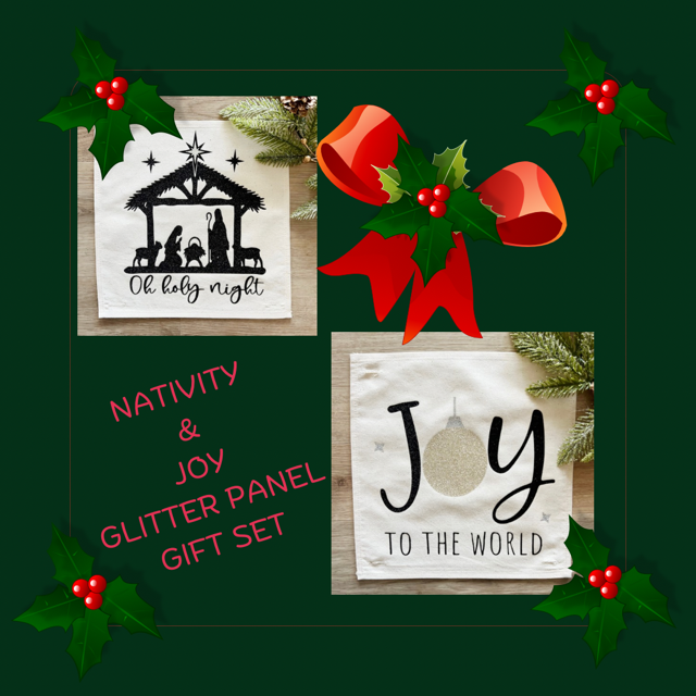 2 GLITTER PANELS ONLY: SQUARE Glitter NATIVITY OH HOLY NIGHT and GLITTER JOY TO THE WORLD