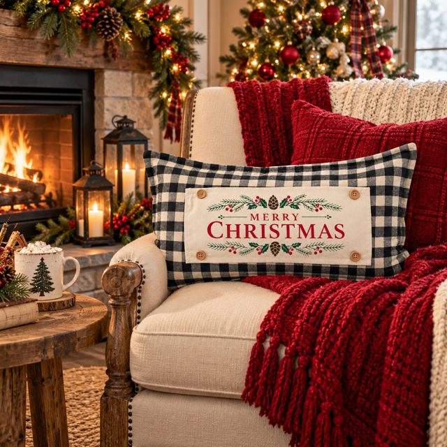 NEW! PANEL ONLY: RECTANGLE Winter; Vintage Christmas Santa Pine Bows, Holly Berries; MERRY CHRISTMAS PINE BOWS