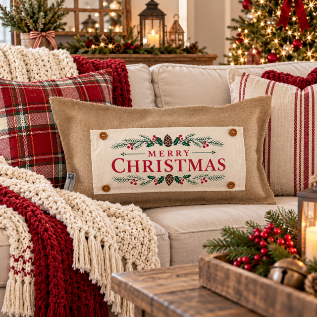 NEW! PANEL ONLY: RECTANGLE Winter; Vintage Christmas Santa Pine Bows, Holly Berries; MERRY CHRISTMAS PINE BOWS
