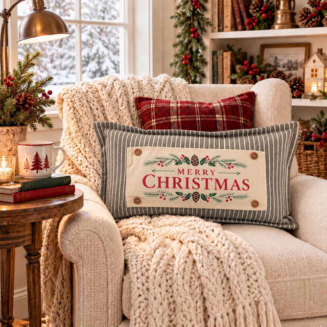 NEW! PANEL ONLY: RECTANGLE Winter; Vintage Christmas Santa Pine Bows, Holly Berries; MERRY CHRISTMAS PINE BOWS