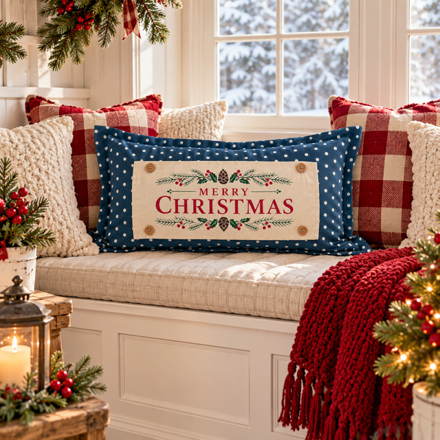NEW! PANEL ONLY: RECTANGLE Winter; Vintage Christmas Santa Pine Bows, Holly Berries; MERRY CHRISTMAS PINE BOWS
