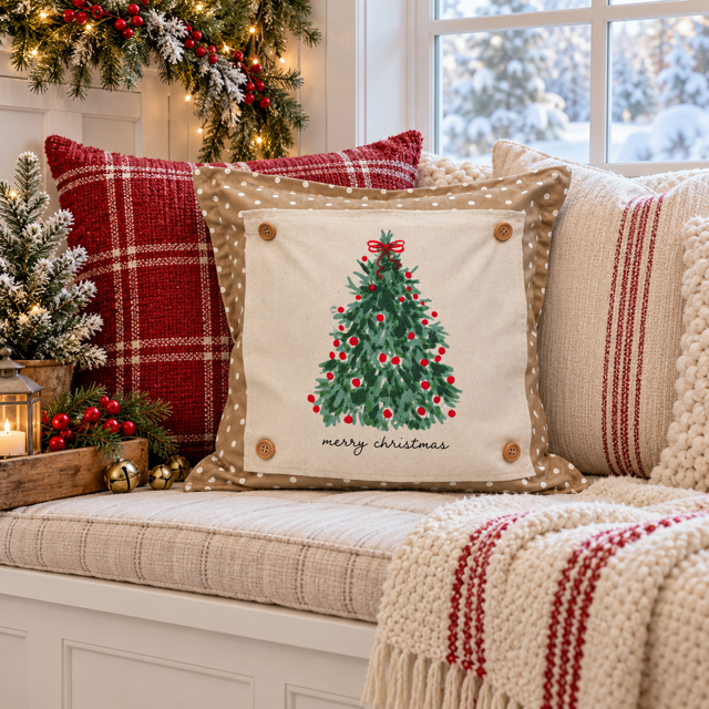 PANEL ONLY: SQUARE Christmas Green Red Bow; MERRY CHRISTMAS TREE