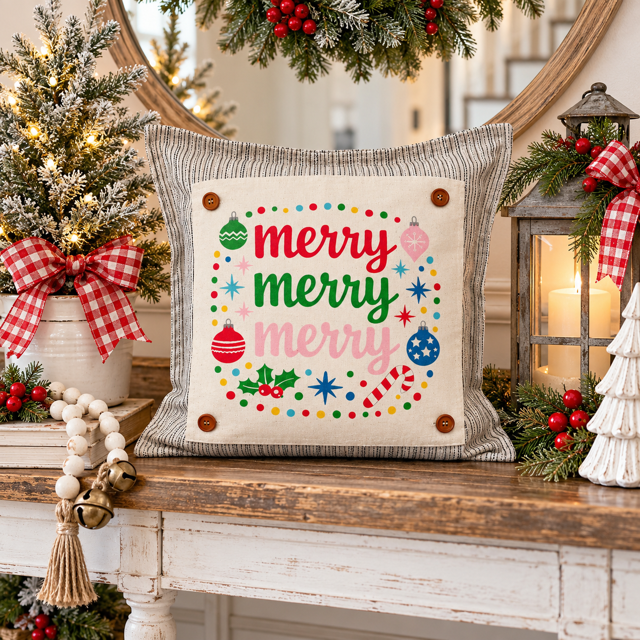 PANEL ONLY: SQUARE Christmas Bright Colorful Ornaments Candy Canes Holly; MERRY MERRY MERRY