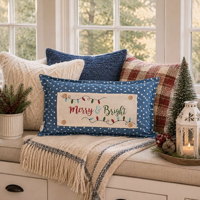 PANEL ONLY RECTANGLE:  Holiday Panel: Winter, Christmas Lights, String of Lights, Farmhouse, Red, Green, Blue ; MERRY & BRIGHT