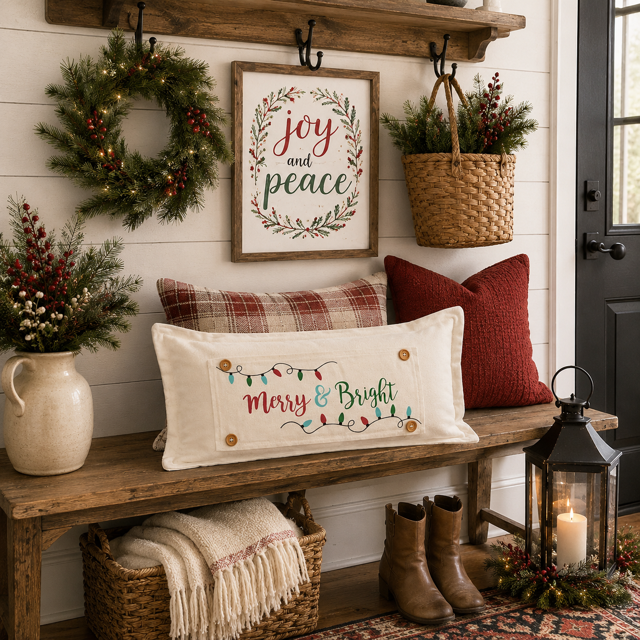PANEL ONLY RECTANGLE:  Holiday Panel: Winter, Christmas Lights, String of Lights, Farmhouse, Red, Green, Blue ; MERRY & BRIGHT