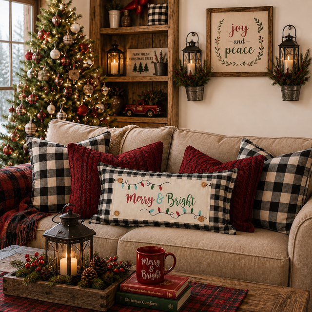 PANEL ONLY RECTANGLE:  Holiday Panel: Winter, Christmas Lights, String of Lights, Farmhouse, Red, Green, Blue ; MERRY & BRIGHT