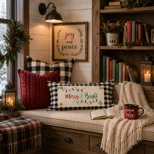 PANEL ONLY RECTANGLE:  Holiday Panel: Winter, Christmas Lights, String of Lights, Farmhouse, Red, Green, Blue ; MERRY & BRIGHT