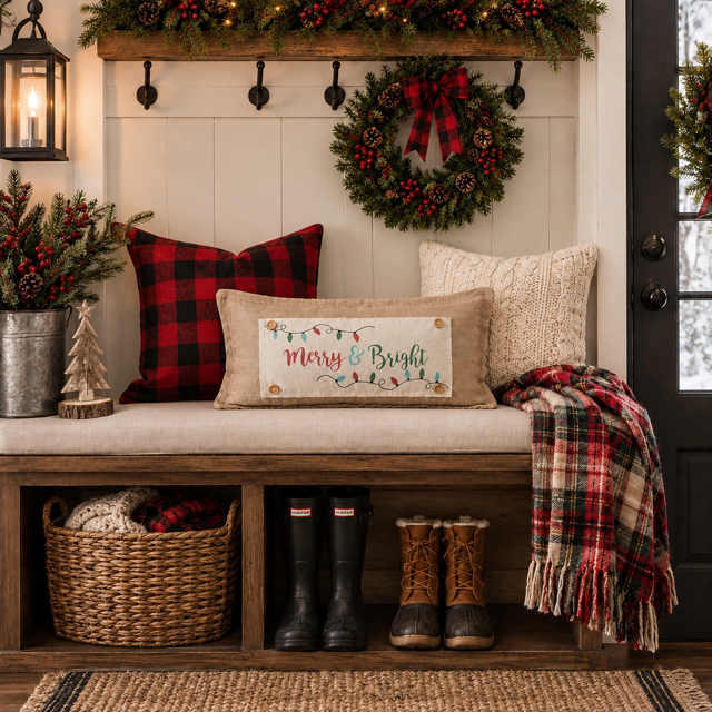 PANEL ONLY RECTANGLE:  Holiday Panel: Winter, Christmas Lights, String of Lights, Farmhouse, Red, Green, Blue ; MERRY & BRIGHT