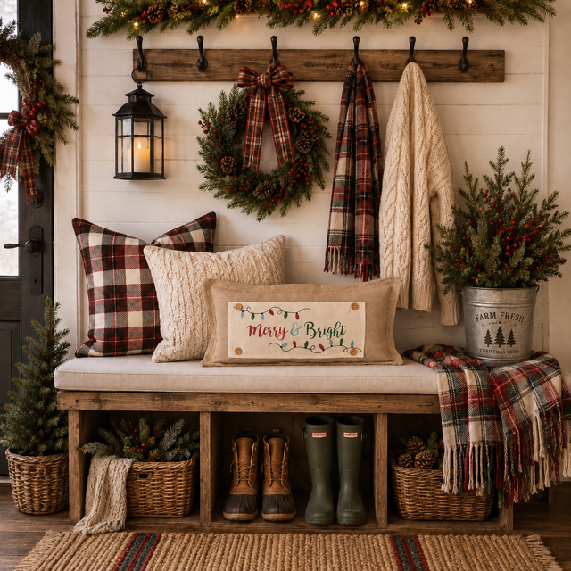 PANEL ONLY RECTANGLE:  Holiday Panel: Winter, Christmas Lights, String of Lights, Farmhouse, Red, Green, Blue ; MERRY & BRIGHT